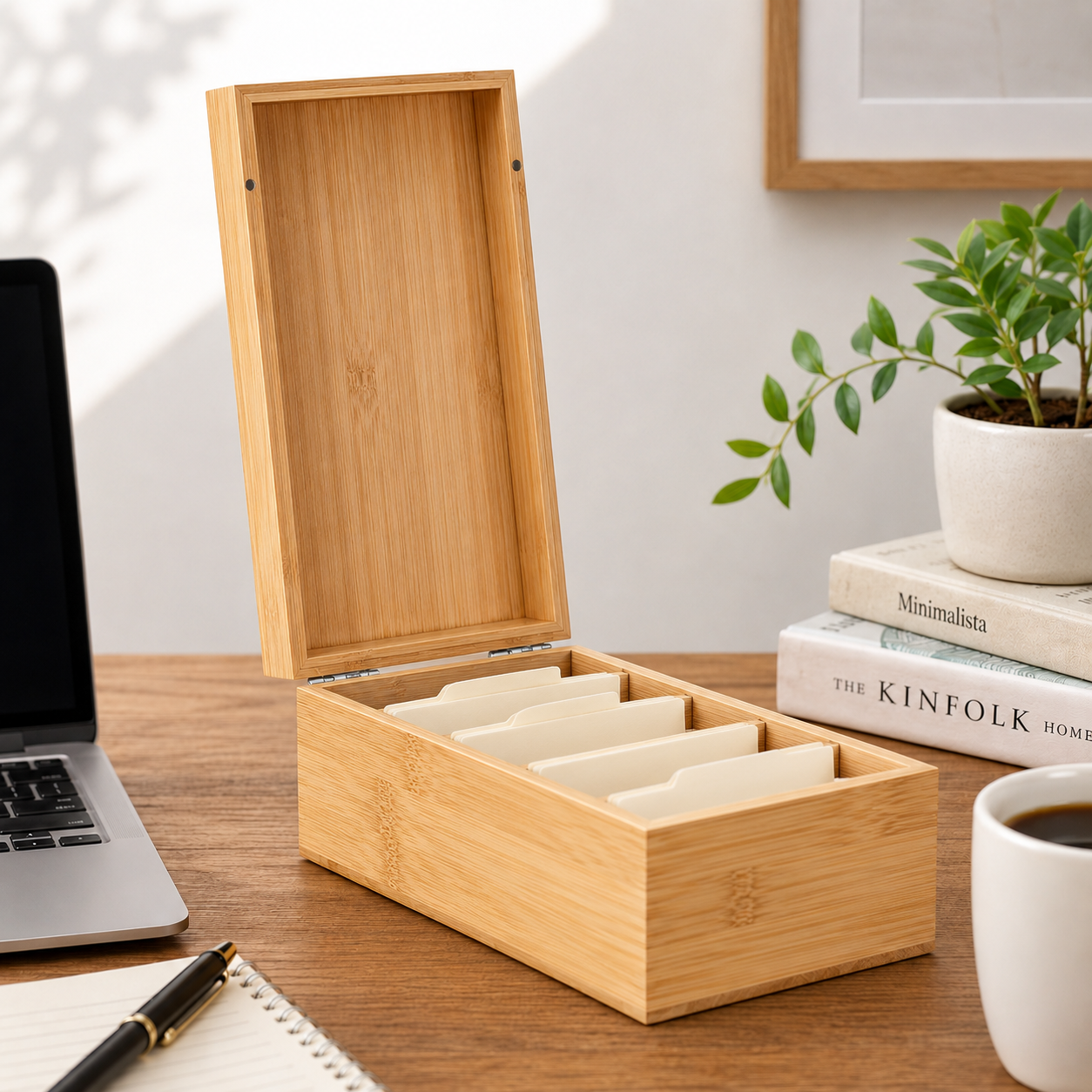 Open bamboo 3x5 index card organizer with dividers
