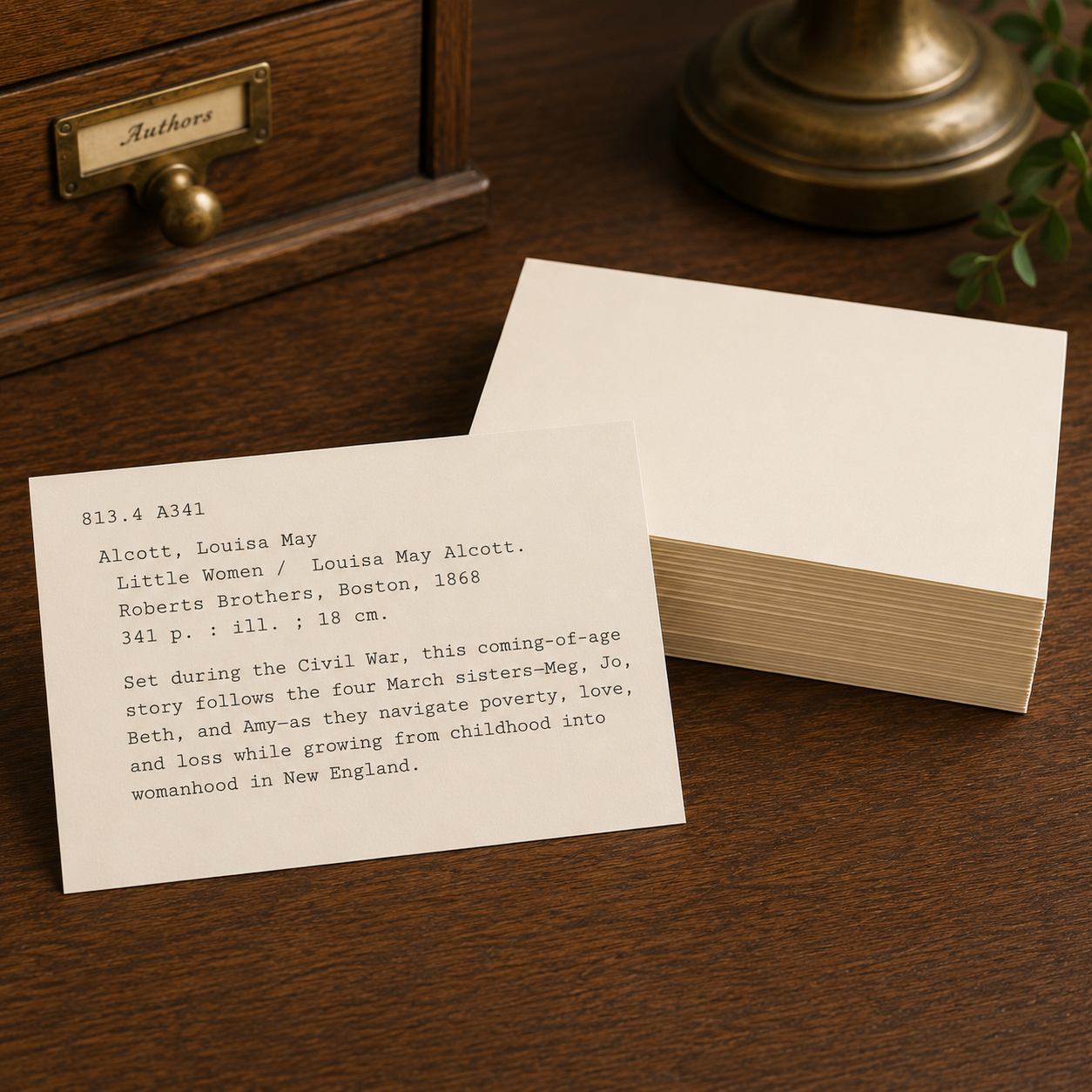 Stack of cream 3x5 cardstock cards beside a printed catalog card