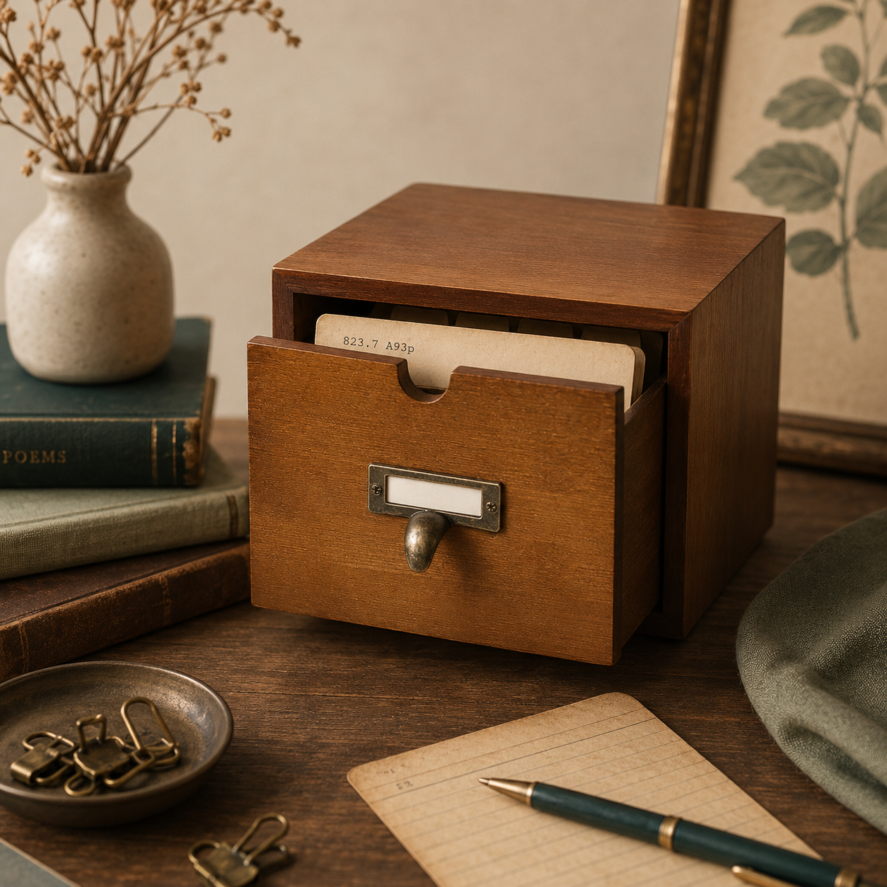 Wooden 3x5 card catalog index card holder with drawer