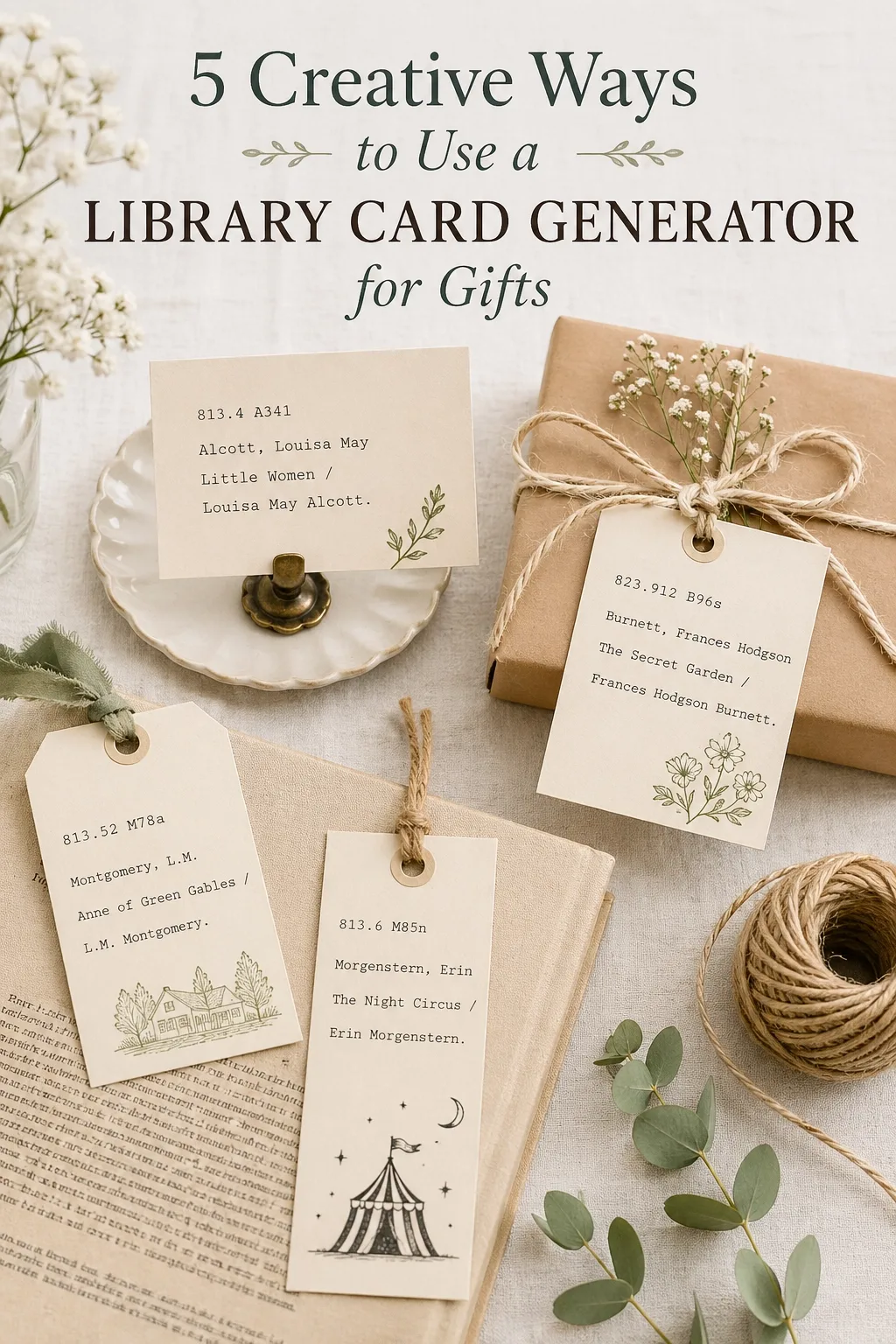 Creative library card generator gift ideas with printable book cards, gift tags, wrapped books, and vintage-style library card designs