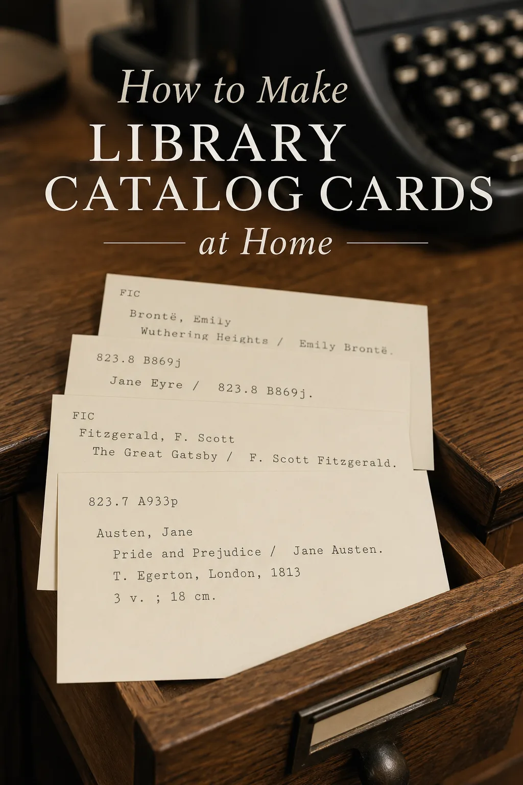 How to make library catalog cards at home with printable vintage book cards in a wooden card catalog drawer