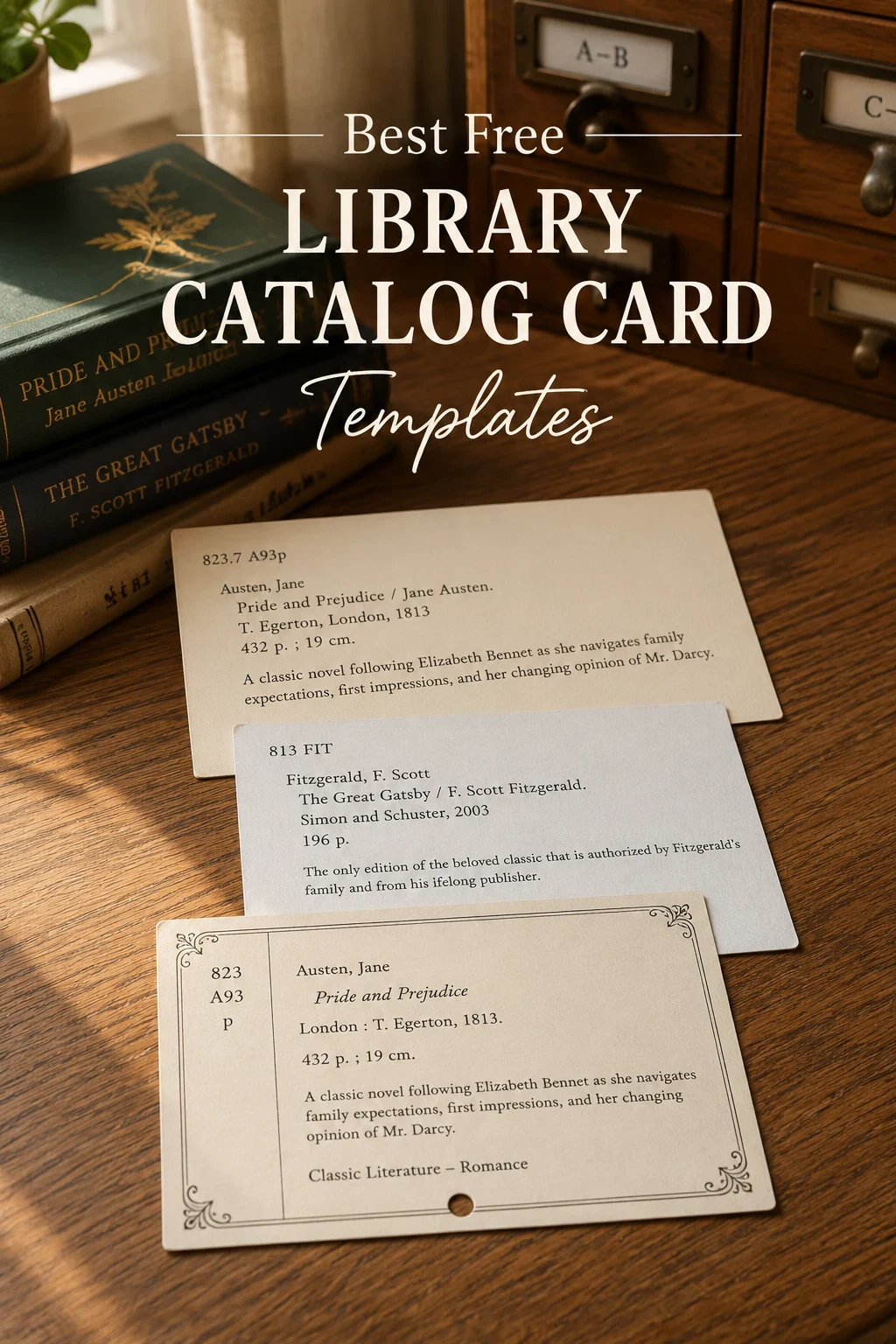 A spread of library catalog card templates in different styles — vintage typewriter, modern serif, and cream cardstock — fanned out on a wooden desk