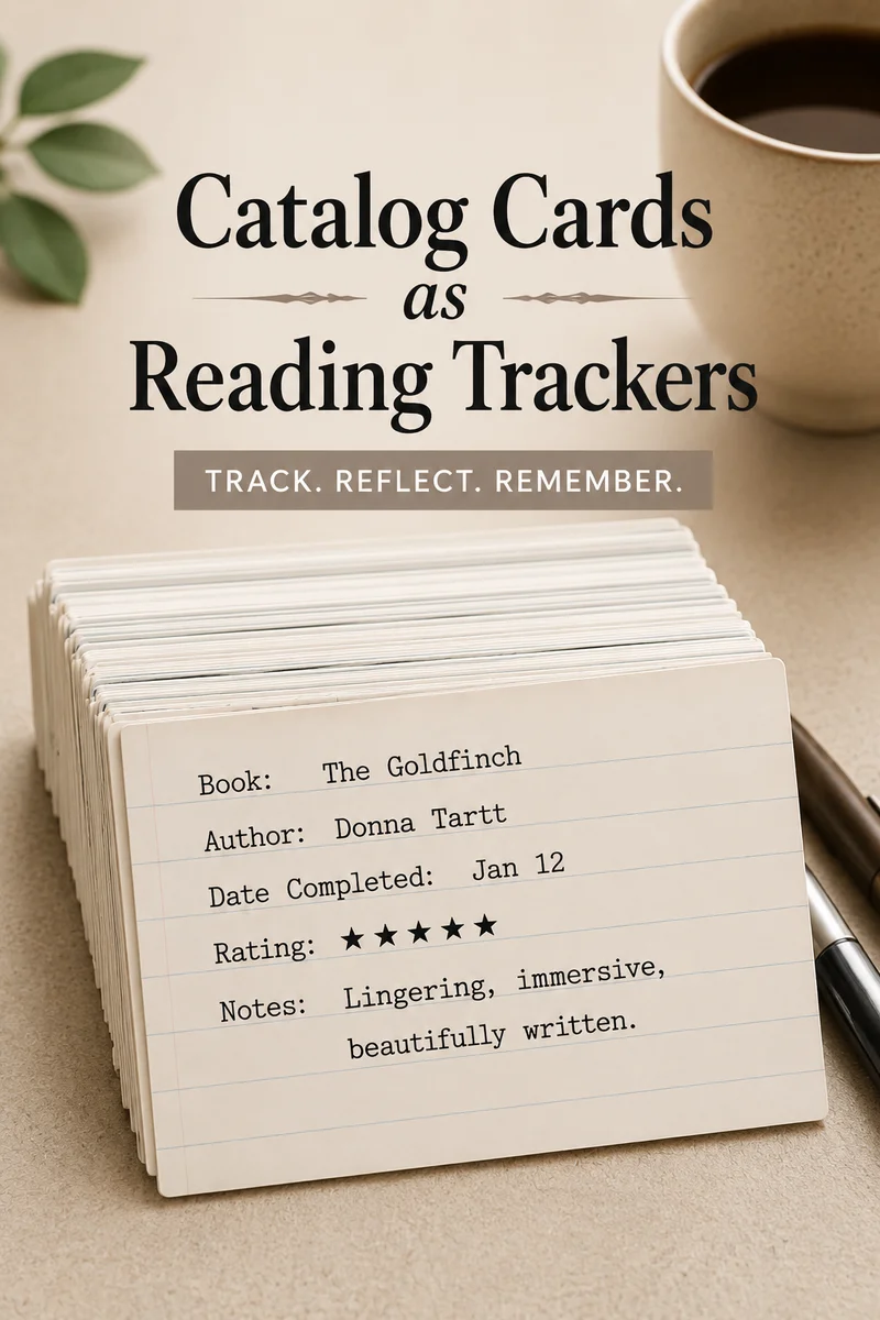 A stack of handwritten catalog cards beside an open book and a cup of tea on a wooden desk
