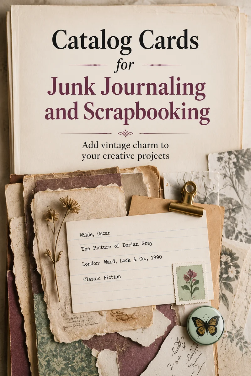 Printed catalog cards layered with washi tape and pressed flowers on a junk journal spread