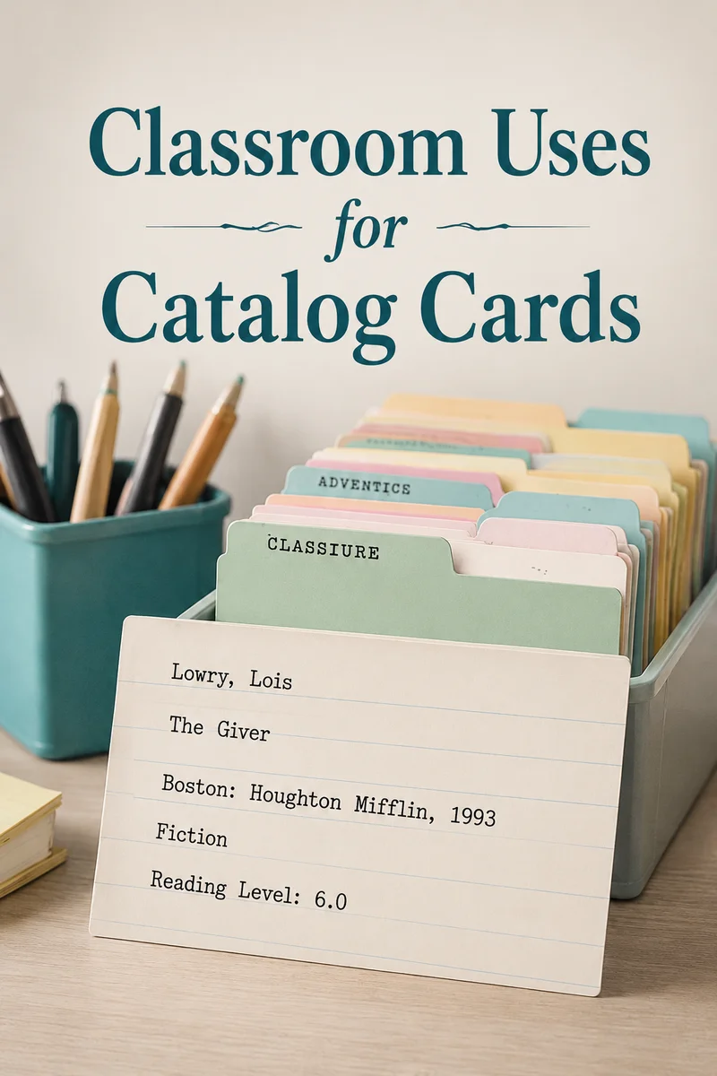 Printed catalog cards arranged on a classroom desk beside a stack of student books