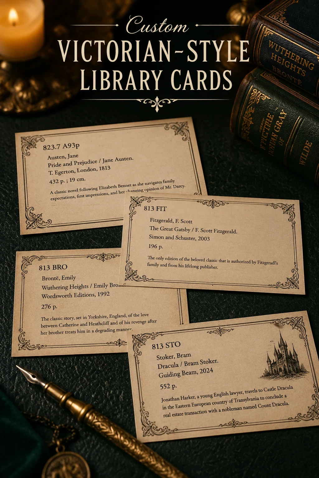 Victorian-style library catalog cards with ornate borders and gothic typography arranged on dark green leather beside an antique pen