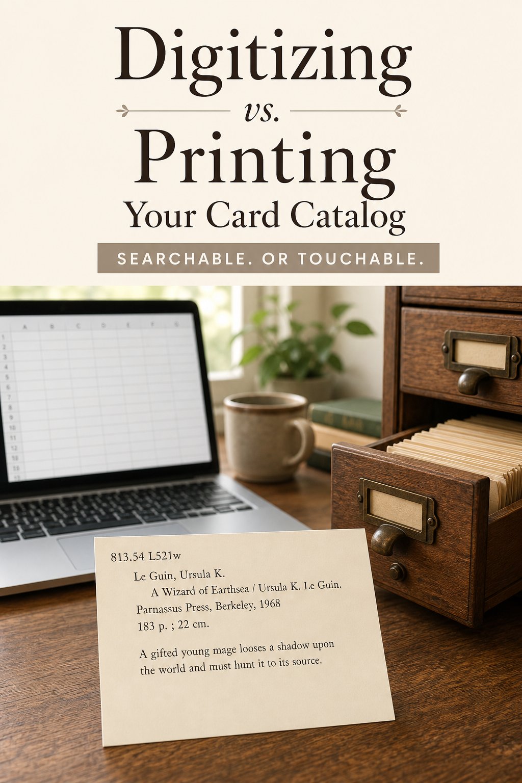 Title graphic reading Digitizing vs. Printing Your Card Catalog, above a photo of a laptop showing a spreadsheet beside a wooden card catalog drawer, with a printed catalog card in front for A Wizard of Earthsea by Ursula K. Le Guin