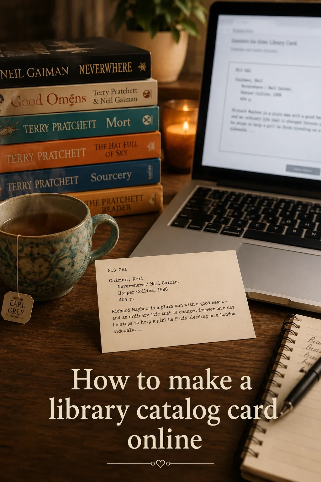 A printed library catalog card beside a laptop showing a card generator tool, on a cozy reading desk with a cup of tea