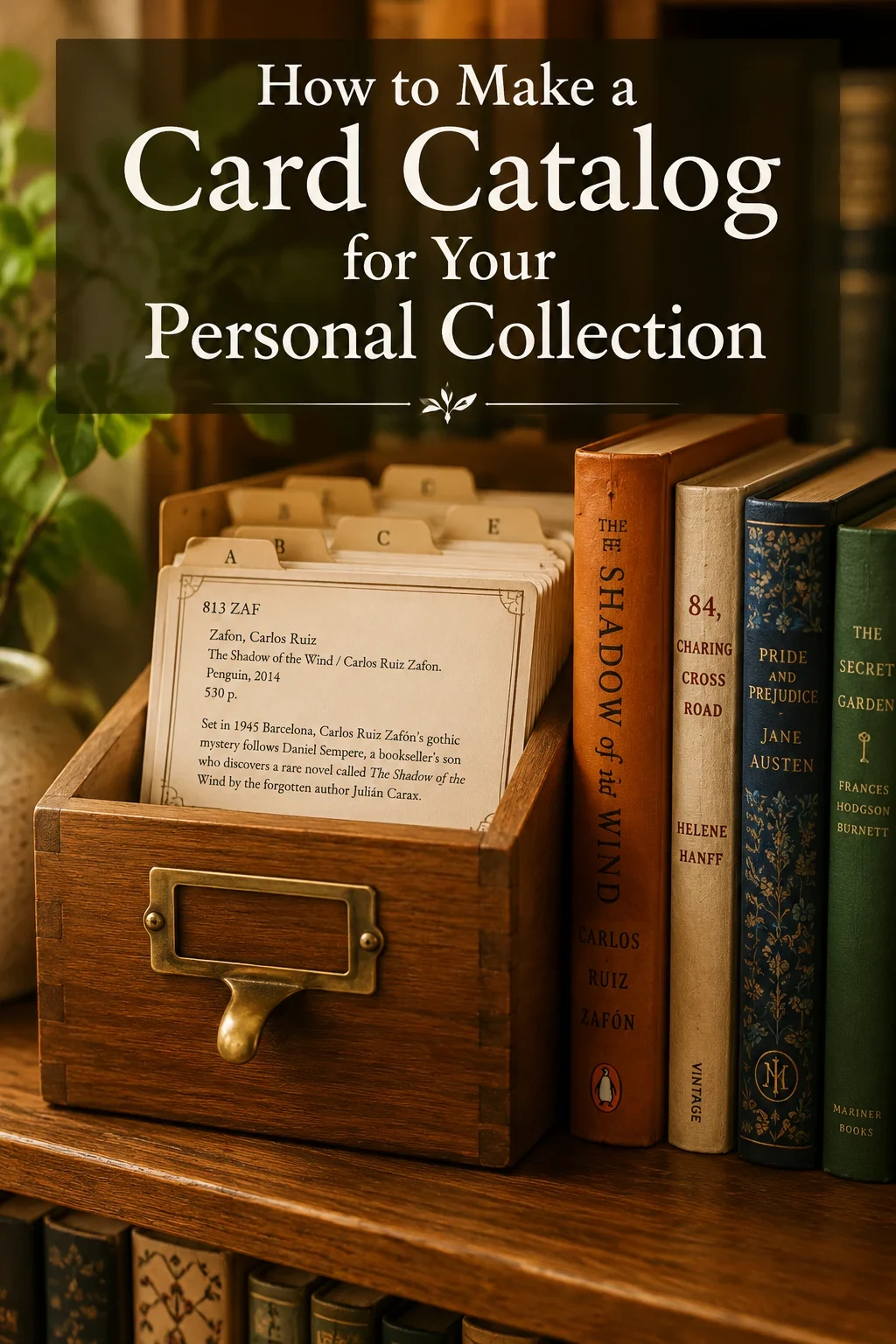 A small personal card catalog wooden box open on a bookshelf beside neatly arranged books, with handwritten catalog cards inside