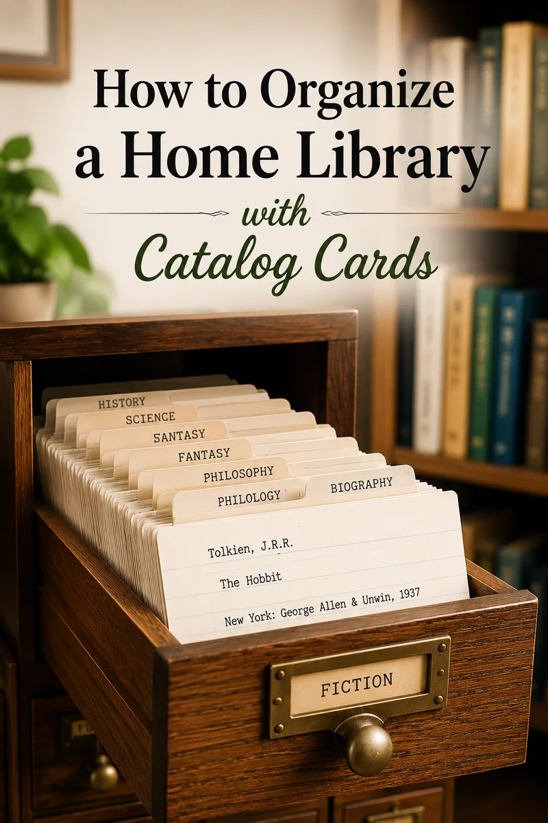 A tidy home library shelf with a wooden card catalog box and printed catalog cards arranged neatly in front of rows of books