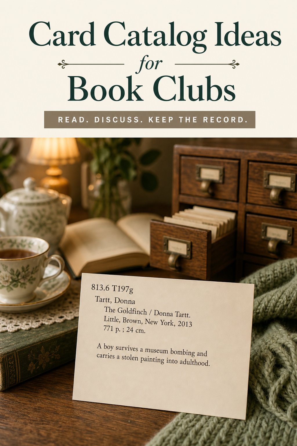 Title graphic reading Card Catalog Ideas for Book Clubs, above a photo of a cozy table with tea, an open book and a wooden card catalog, with a printed catalog card in front for The Goldfinch by Donna Tartt