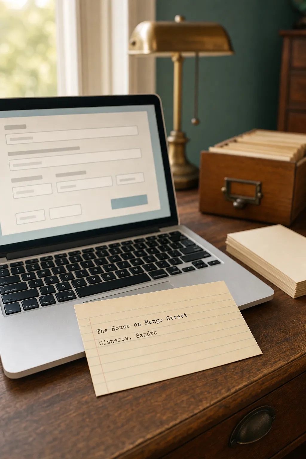 A laptop open to a simple library card creator tool beside a freshly printed cream library catalog card and a small stack of blank cardstock on a wooden desk
