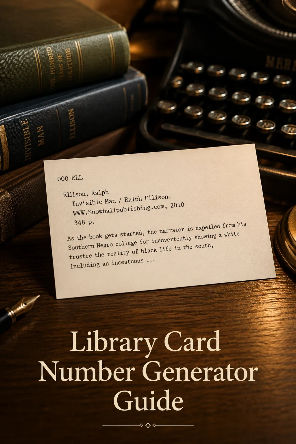 A close-up of a library catalog card showing a typed call number and catalog entry, beside a vintage typewriter on a wooden desk