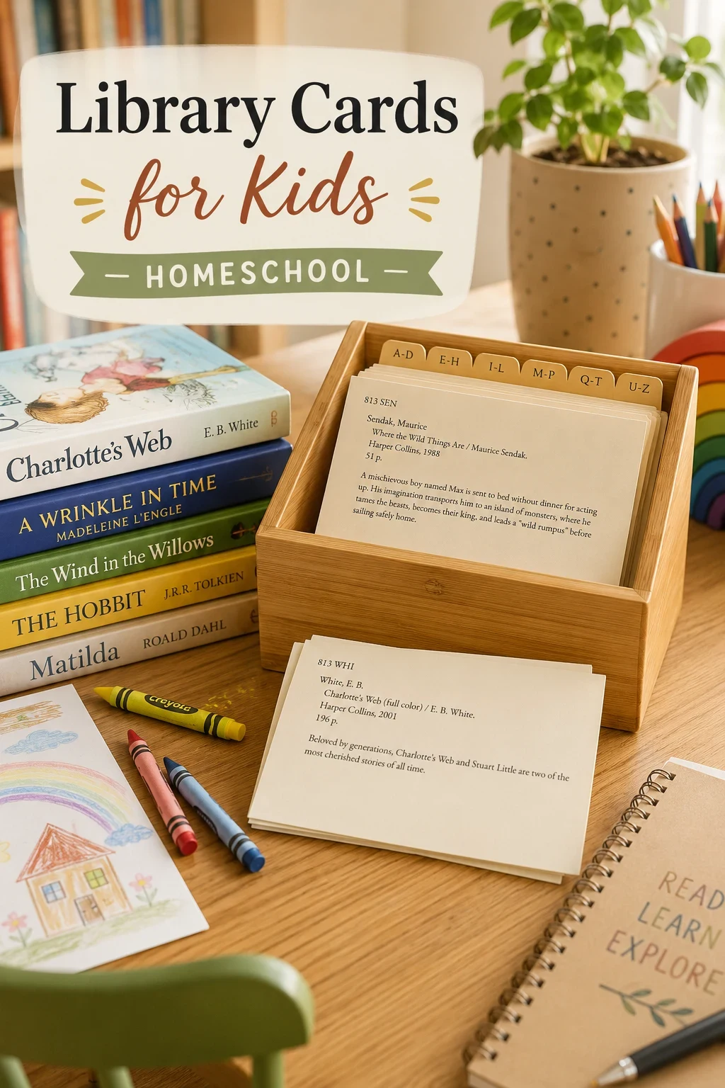A cheerful homeschool reading corner with a small wooden card catalog box, colorful children's books, and printed library cards on a child's desk