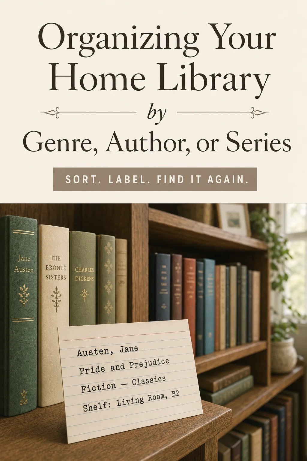 Title graphic reading Organizing Your Home Library by Genre, Author, or Series, above a photo of a bookshelf with books grouped by author and a printed catalog card for Pride and Prejudice propped in front