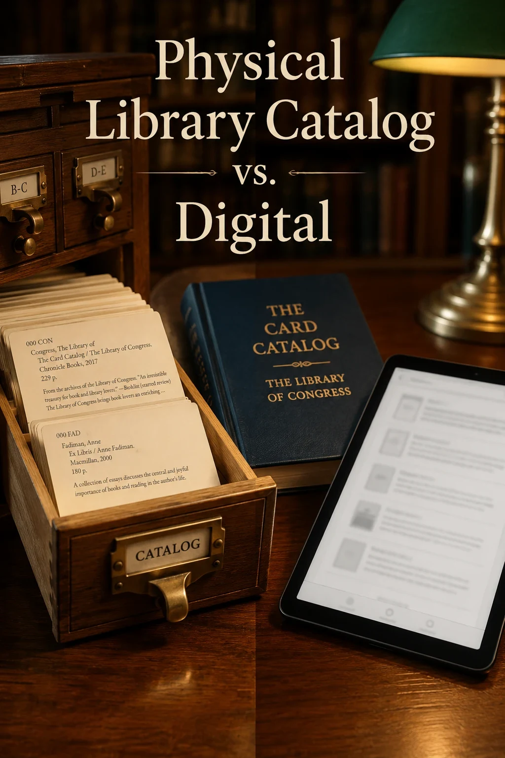 A classic wooden card catalog drawer open beside a modern tablet on a library table, representing the contrast between physical and digital catalogs
