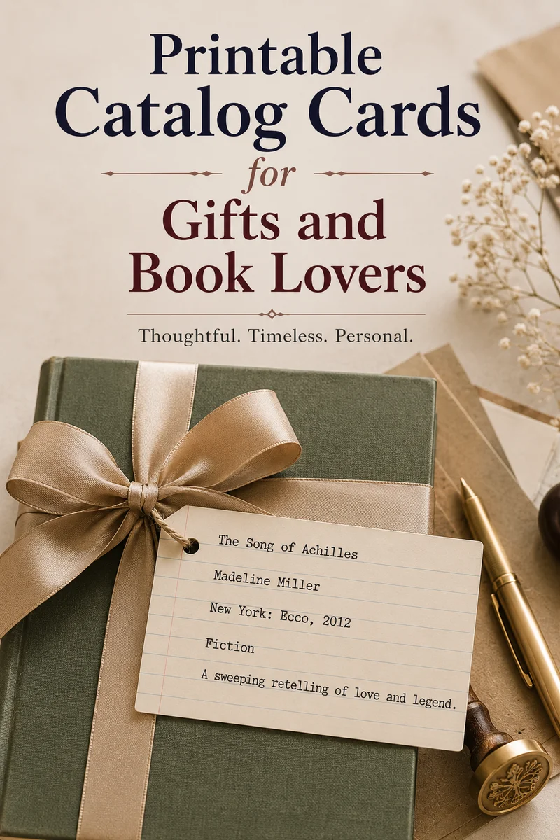 Title graphic reading Printable Catalog Cards for Gifts and Book Lovers above a green hardcover book tied with a tan satin ribbon and a typed catalog card gift tag