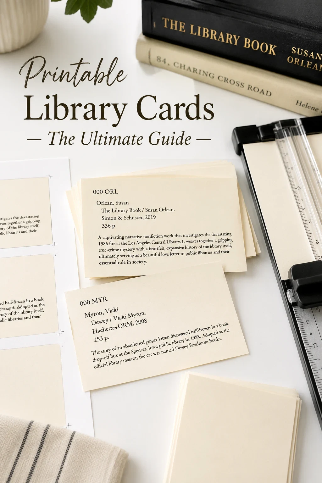 Freshly printed library catalog cards being trimmed with a paper trimmer beside a stack of cream cardstock on a clean white desk
