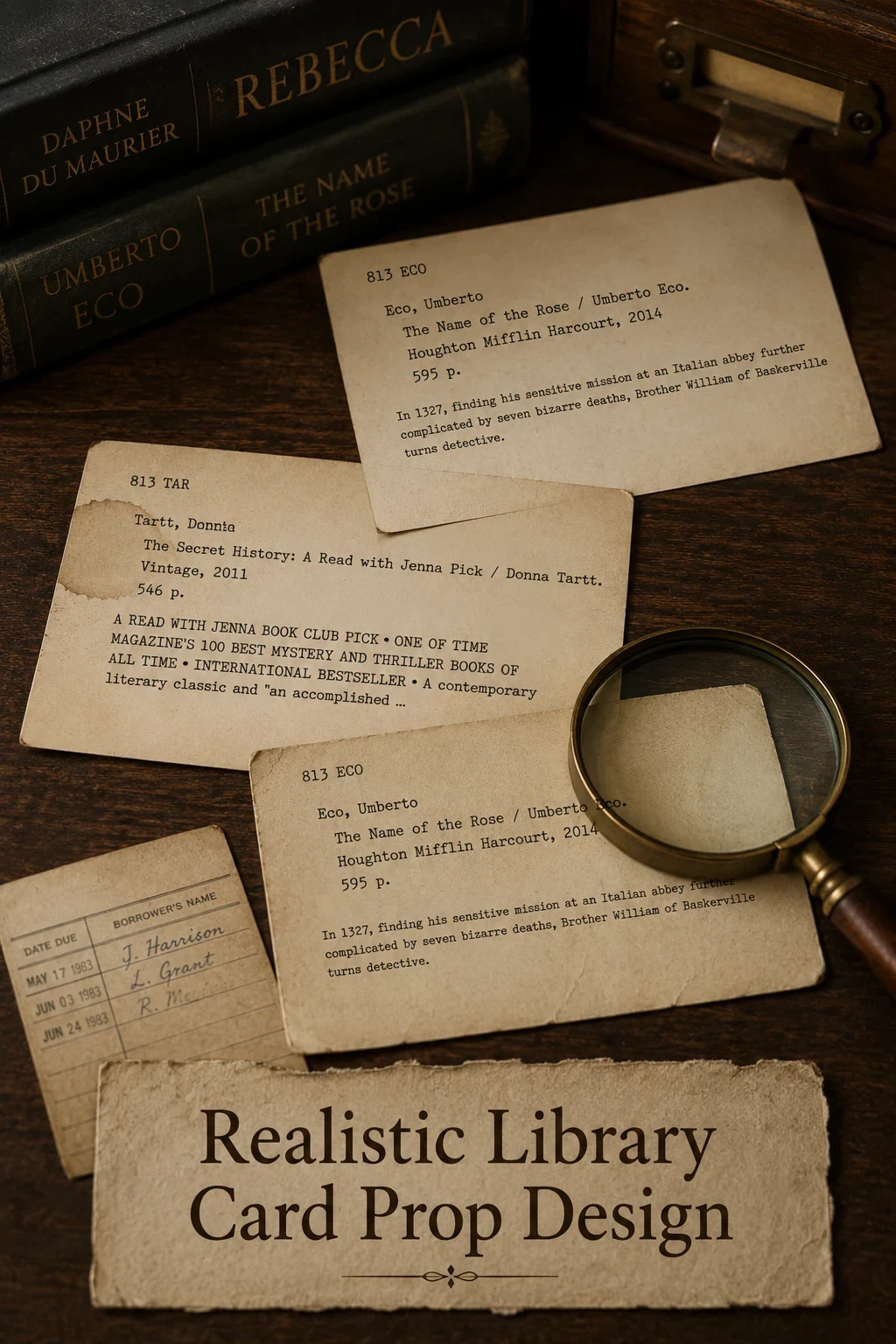 Realistic library catalog card props for film and theater arranged on a vintage dark wood surface with a magnifying glass and aged paper textures